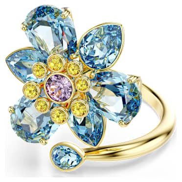 Idyllia open ring, Mixed cuts, Flower, Blue, Gold-tone plated - Swarovski, 5709031