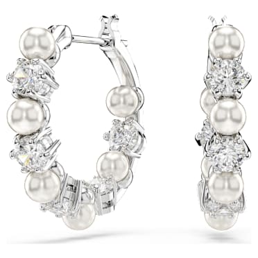 Matrix ต่างหูแบบห่วง, มุกคริสตัล, เจียระไนทรงกลม, ขาว, เคลือบโรเดียม - Swarovski, 5709256
