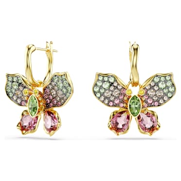 Idyllia drop earrings, Mixed cuts, Pavé, Butterfly, Multicolored, Gold-tone plated - Swarovski, 5709953