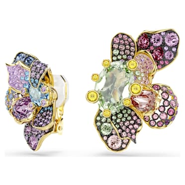 Náušnice klipsy Idyllia, Asymetrický design, Různé výbrusy, Pavé, Květina, Vícebarevné, Povrchová úprava z 18k zlata - Swarovski, 5709957