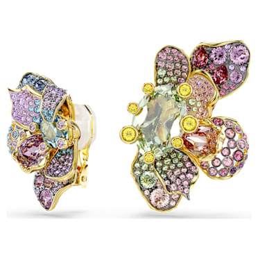 Orecchini a clip Idyllia, Design asimmetrico, Taglio misto, Pavé, Fiore, Multicolore, Placcato color oro - Swarovski, 5709957