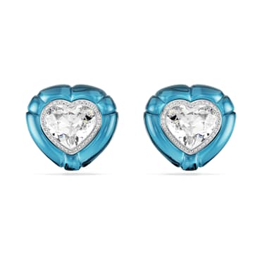 ต่างหูหนีบ Dulcis, เหลี่ยมเจียระไน Heart, ฝังแบบพาเว่, หัวใจ, น้ำเงิน, เคลือบโรเดียม - Swarovski, 5714385