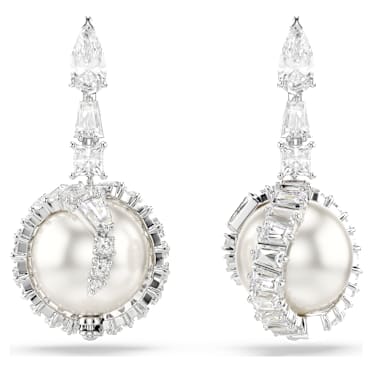 Pendants d'oreilles Snake, Perle de cristal, Tailles variées, Année du Serpent, Blanches, Métal rhodié - Swarovski, 5714668
