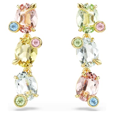 Gema drop earrings, Asymmetrical design, Mixed cuts, Multicolored, Gold-tone plated - Swarovski, 5714815