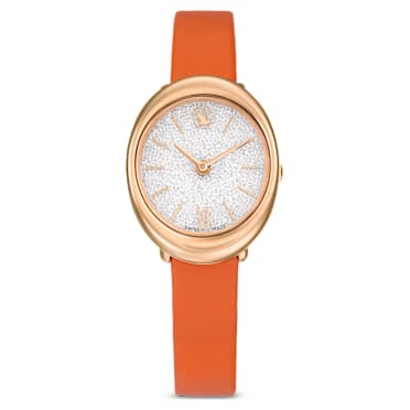Imber watch, Swiss Made, Leather strap, Orange, Rose gold-tone finish - Swarovski, 5717543