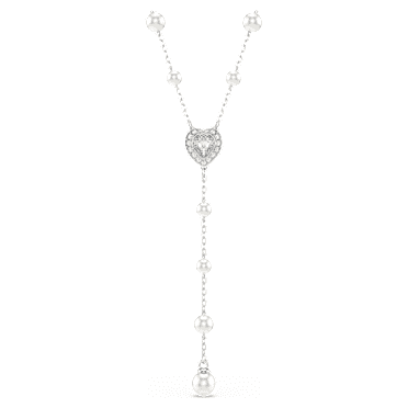 Ariana Grande x Swarovski สร้อยคอรูปตัว Y, เจียระไนหลากหลายรูปแบบ, Crystal Pearl, หัวใจ, ขาว, เคลือบโรเดียม - Swarovski, 5720855