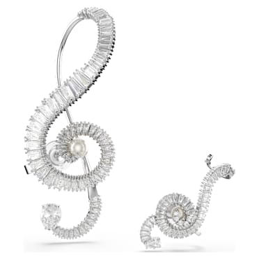 Ariana Grande x Swarovski ต่างหูหนีบ, ดีไซน์แบบอสมมาตร, Crystal Pearl, เจียระไนทรง Baguette, ขาว, เคลือบโรเดียม - Swarovski, 5720866