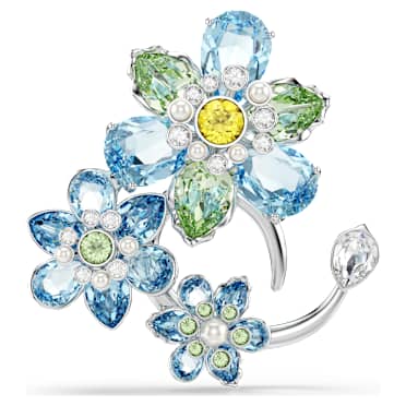 Broche Idyllia, Tallas mixtas, Flor, Azul, Baño de rodio - Swarovski, 5722097