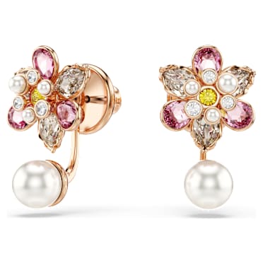 Idyllia earring jackets, Crystal pearl, Mixed cuts, Flower, Multicolored, Rose gold-tone plated - Swarovski, 5722100