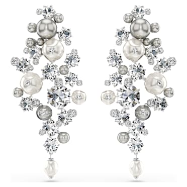 Constella earrings, Crystal pearl, Round cut, White, Rhodium plated - Swarovski, 5722498