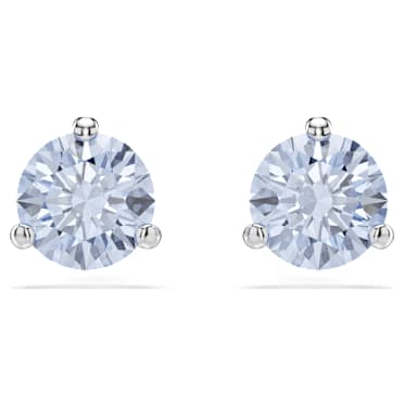 Solitaire stud earrings, Round cut, Blue, Rhodium plated - Swarovski, 5725002