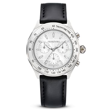Dextera tachymetre watch, Swiss Made, Leather strap, Silver Tone, Stainless steel - Swarovski, 5728378