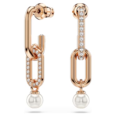 Constella drop earrings, Crystal pearl, Round cut, White, Rose gold-tone plated - Swarovski, 5728585