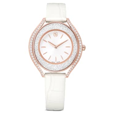 Crystalline aura horloge, Swiss Made, Lederen band, Wit, Roségoudkleurige afwerking - Swarovski, 5730146