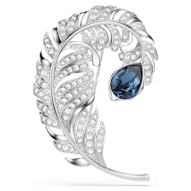 Idyllia brooch, Mixed cuts, Feather, Blue, Rhodium plated - Swarovski, 5730360