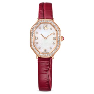 Dextera octagon watch, Swiss Made, Leather strap, Red, Rose gold-tone finish - Swarovski, 5730373