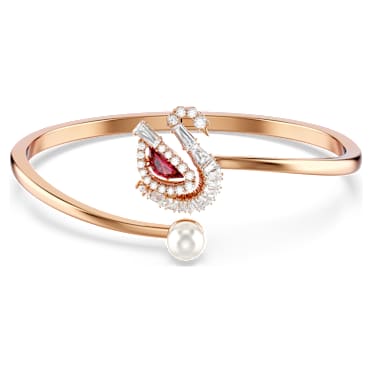 Bracciale rigido Swan, Cigno danzante, Rosso, Finitura oro rosa 18K - Swarovski, 5734556