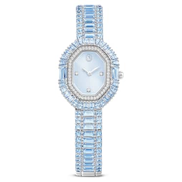Matrix octagon horloge, Baguette-slijpvorm, Metalen armband, Blauw, Roestvrij staal - Swarovski, 5739632