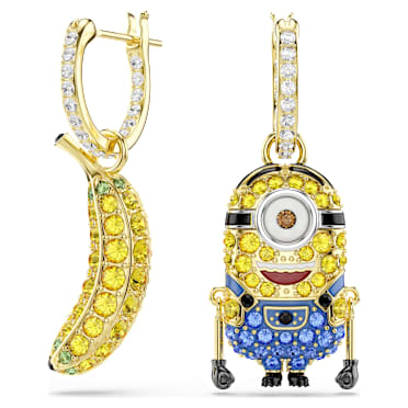 Minions Stuart and Banana Oorhangers, Pavé, Mini, Meerkleurig, Goudkleurige toplaag - Swarovski, 5743382