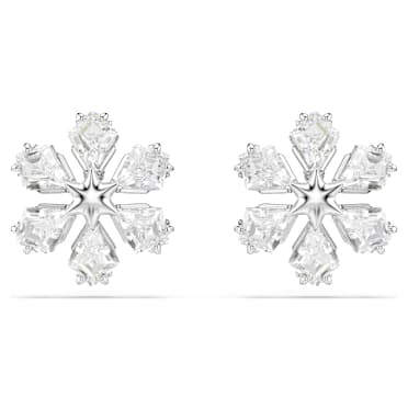 Idyllia Oorknopjes, Verschillende slijpvormen, Sneeuwvlok, Wit, Rodium toplaag - Swarovski, 5754687