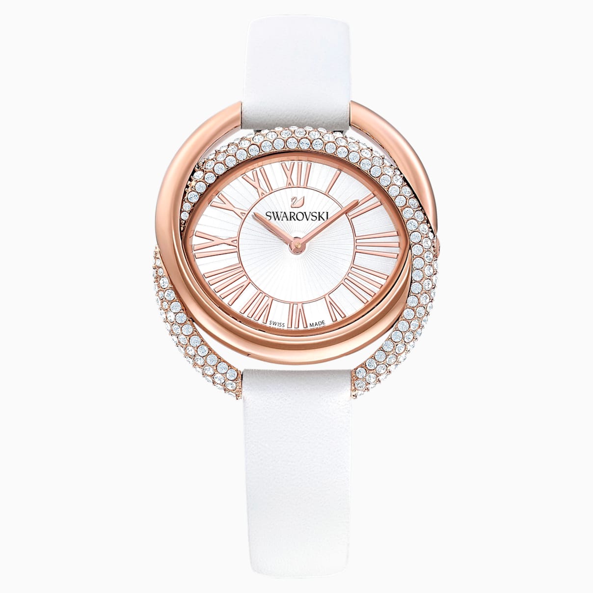 Montre Duo, Bracelet en cuir, blanc, PVD doré rose