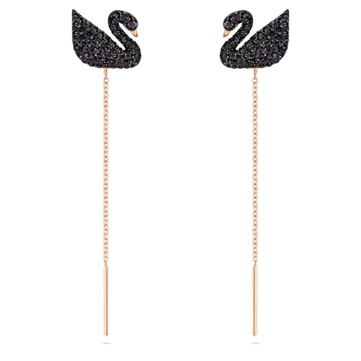 

Swarovski Iconic Swan ドロップピアス, スワン, ブラック, ローズゴールドトーン・プレーティング