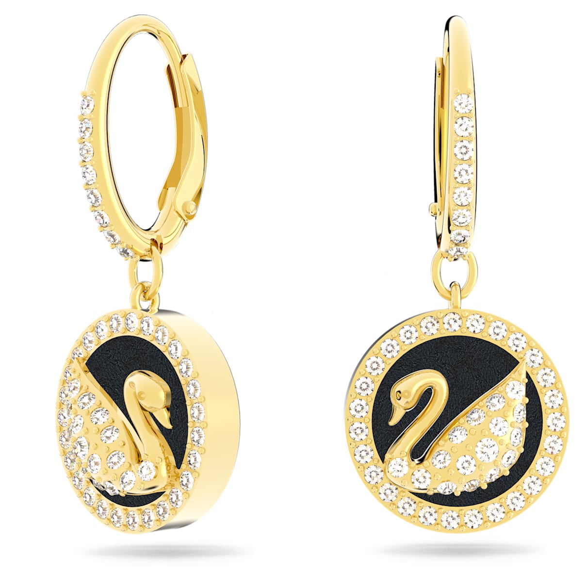 

Swarovski Pendientes Leather Swan, Cisne, Negros, Baño tono oro
