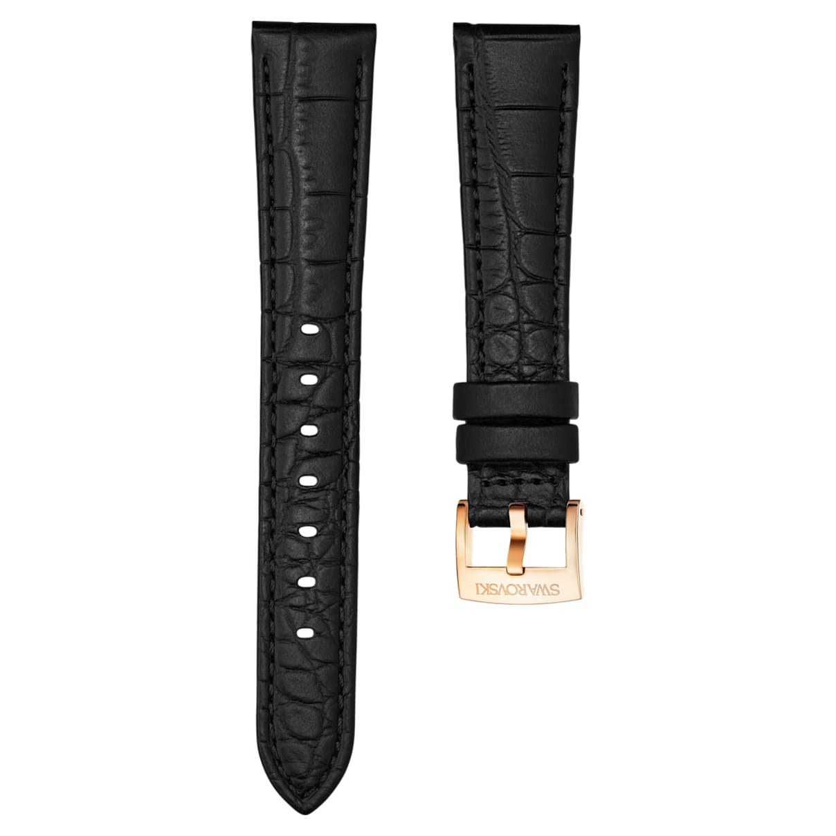 17mm Watch strap, Leather with stitching, Black, Rose-gold tone plated