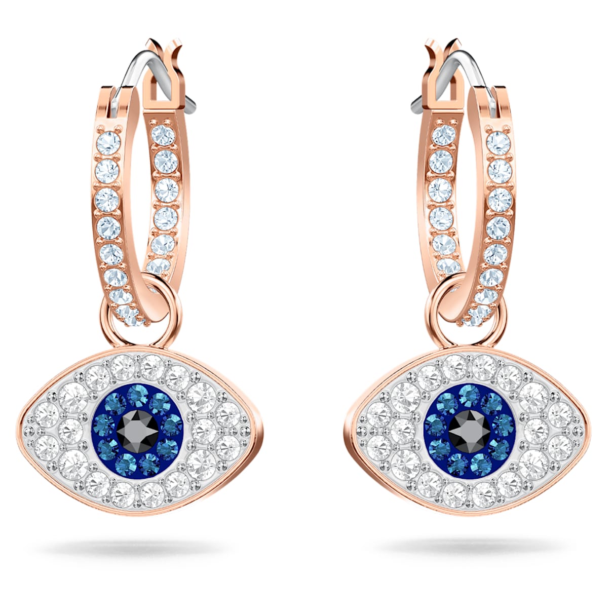 Click to view product details and reviews for Swarovski Symbolic Evil Eye Hoop Pierced Earrings Blue Rose Gold Tone Plated.