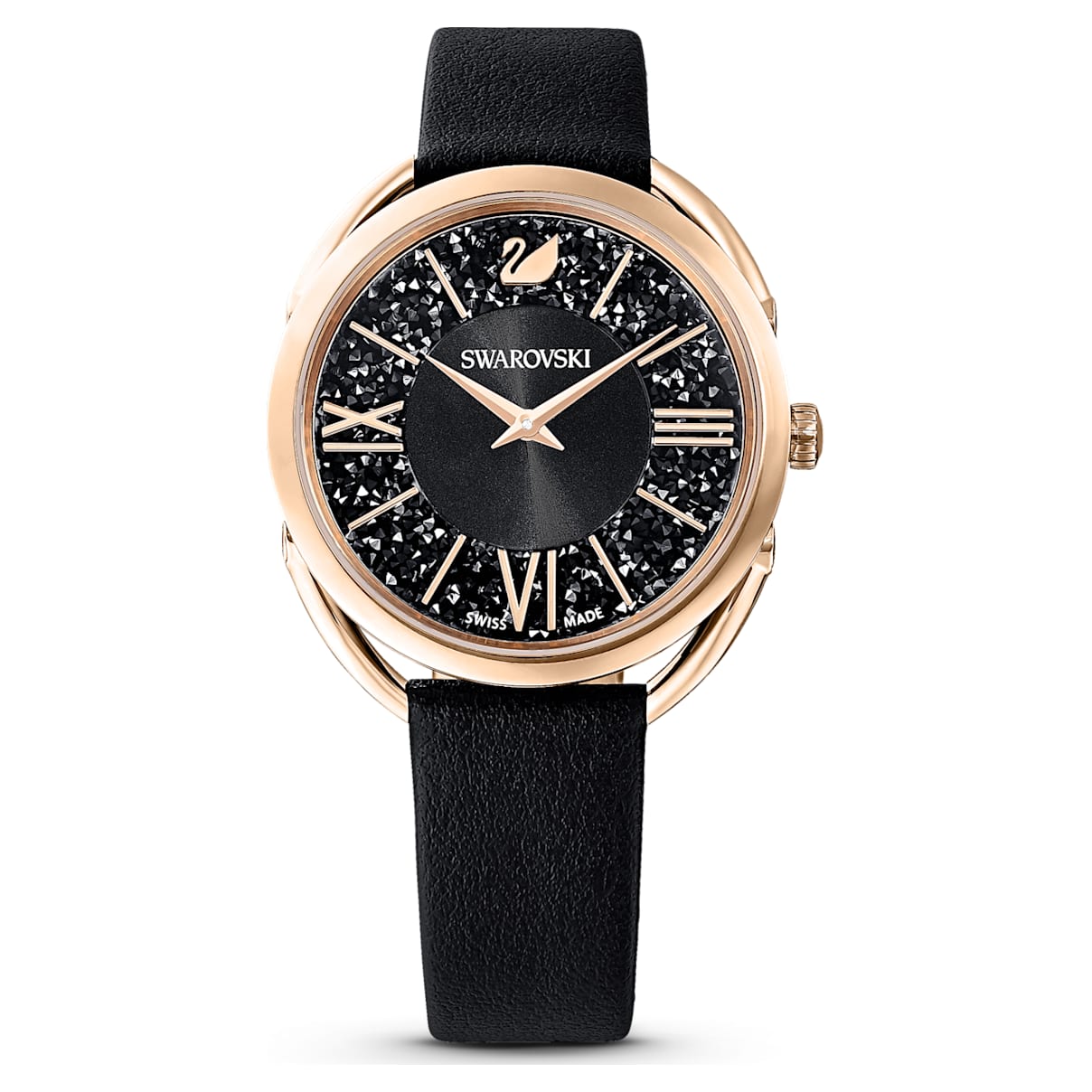 

Swarovski Montre Crystalline Glam, Fabriqué en Suisse, Bracelet en cuir, Noir, Finition or rose