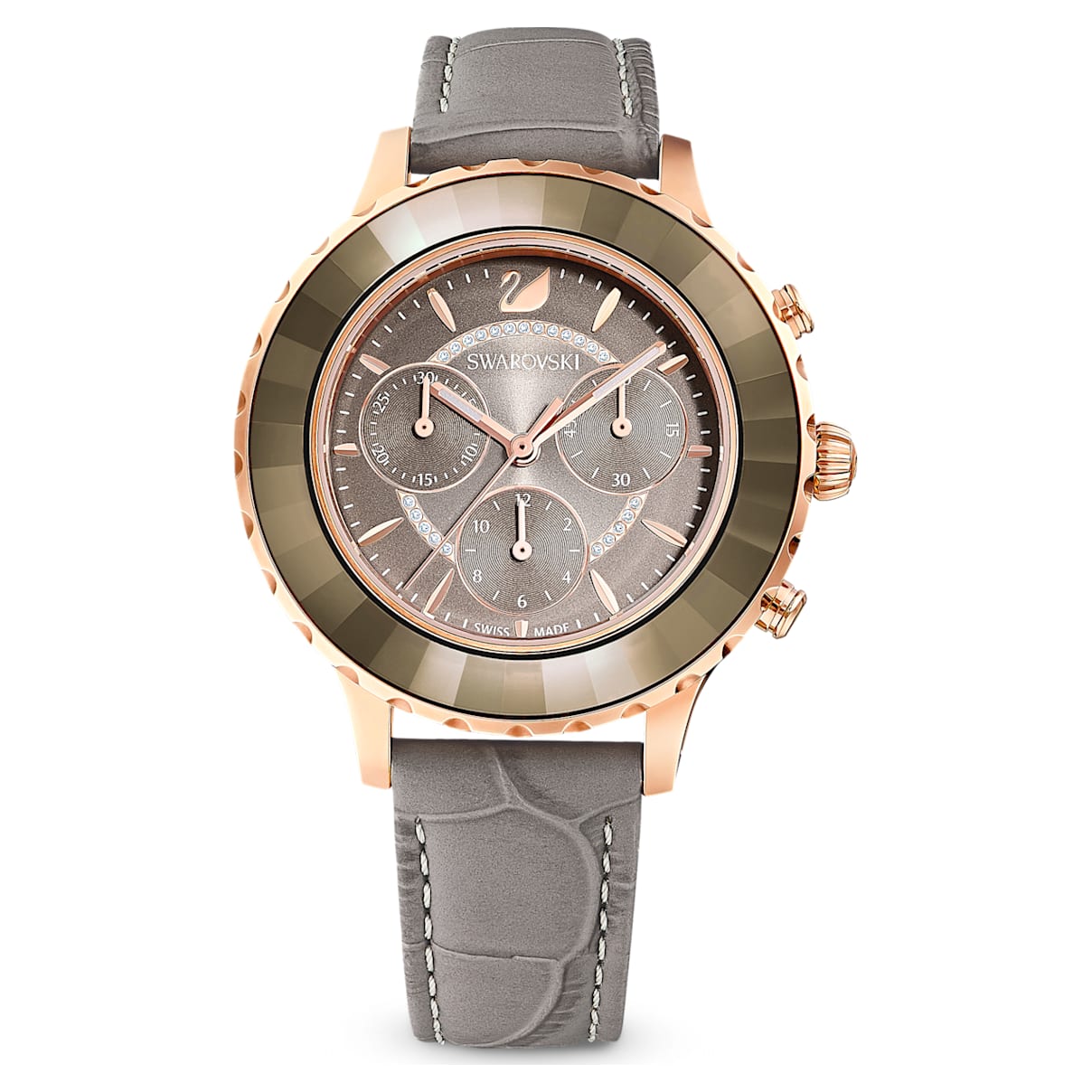 Swarovski Octea Lux Chrono watch, Leather strap, Gray, Rose-gold tone PVD