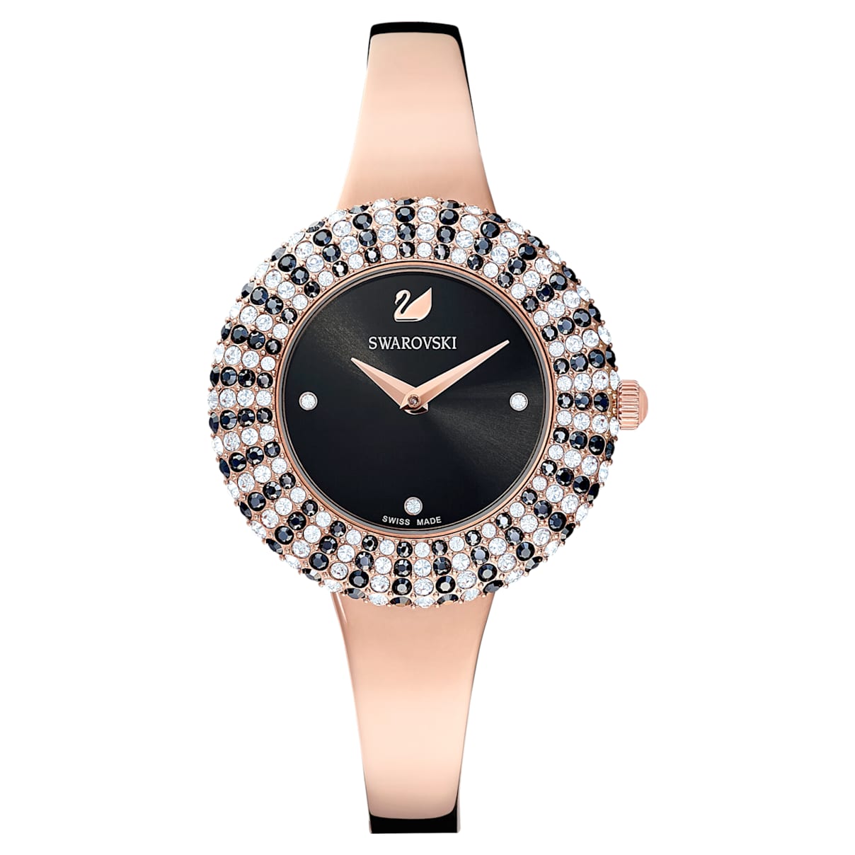 

Reloj Crystal Rose, Fabricado en Suiza, Brazalete de metal, Negro, Acabado tono oro rosa