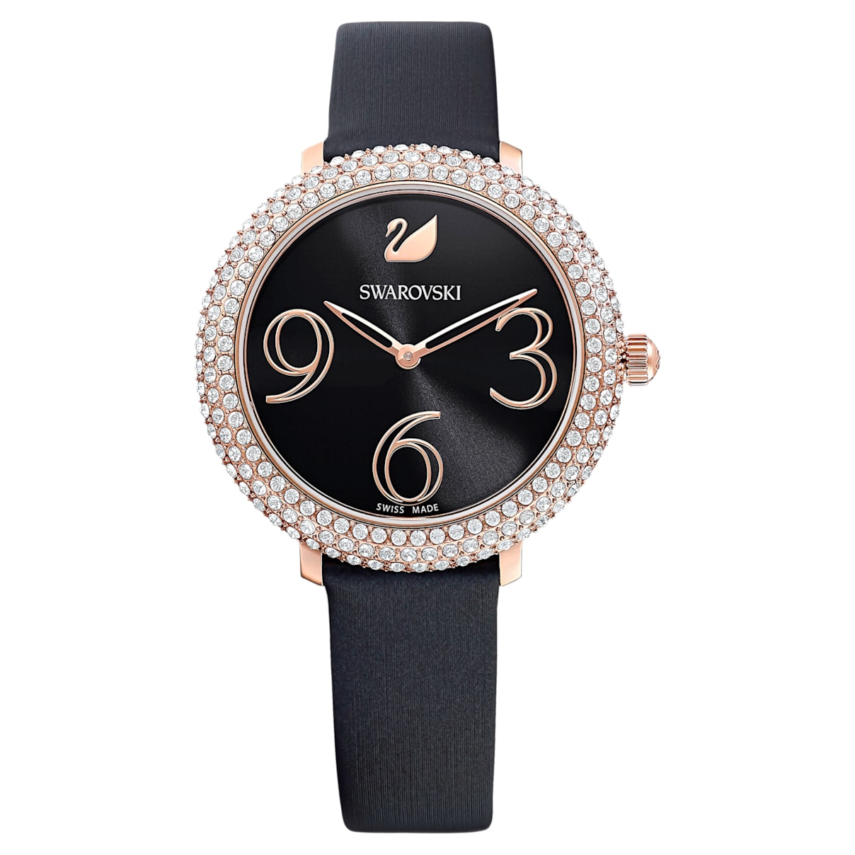 Click to view product details and reviews for Crystal Frost Watch Leather Strap Black Rose Gold Tone Pvd.