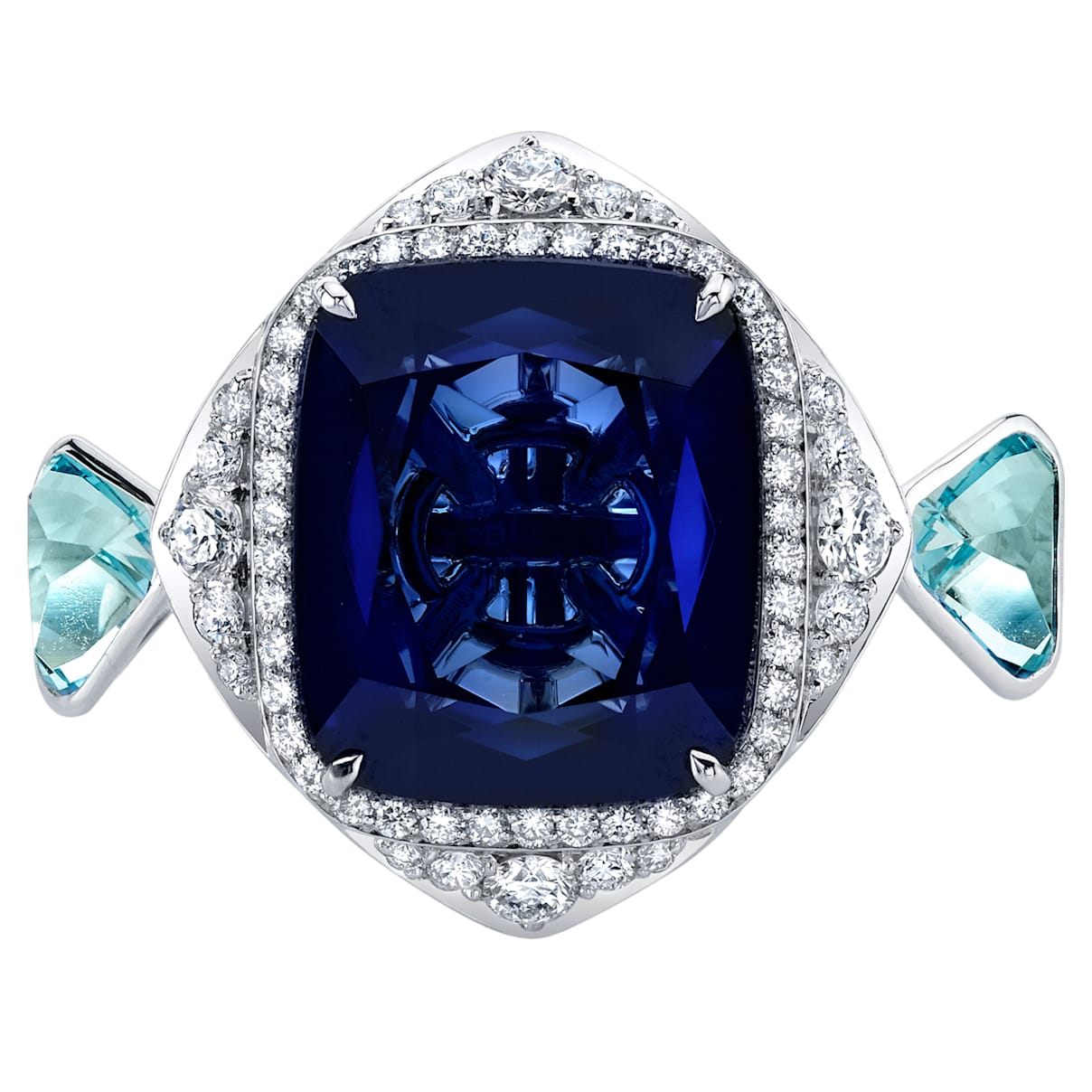 Azure Blue Cocktail Ring, 18K White Gold, Size 52