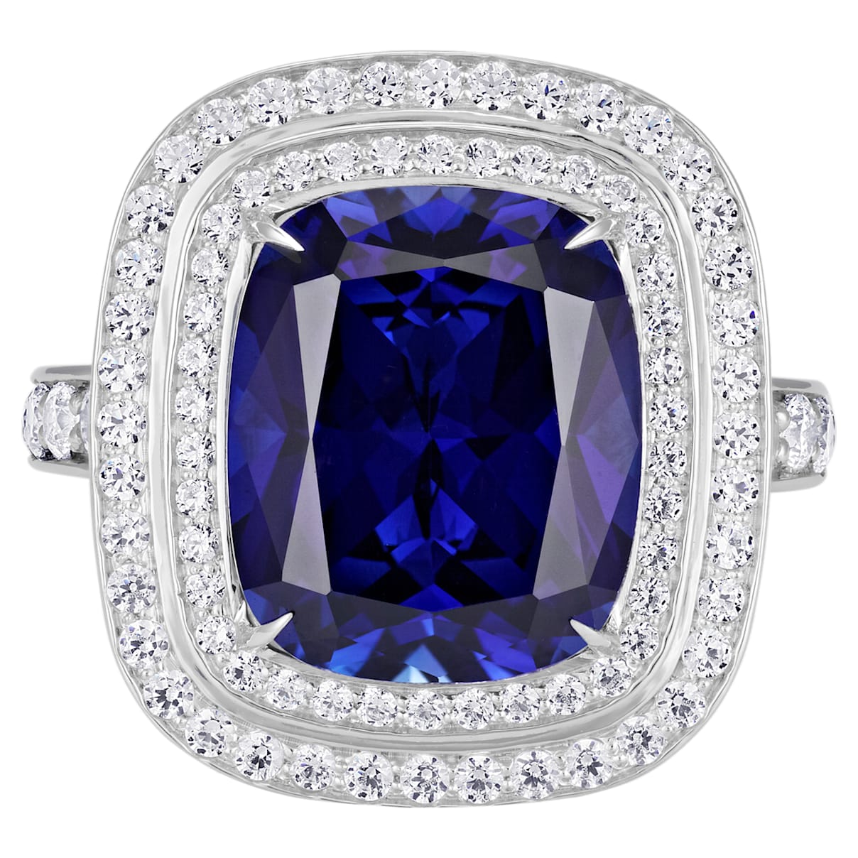 Ángel Double Halo Ring, Swarovski Created Sapphire, 18K White Gold, Size 58