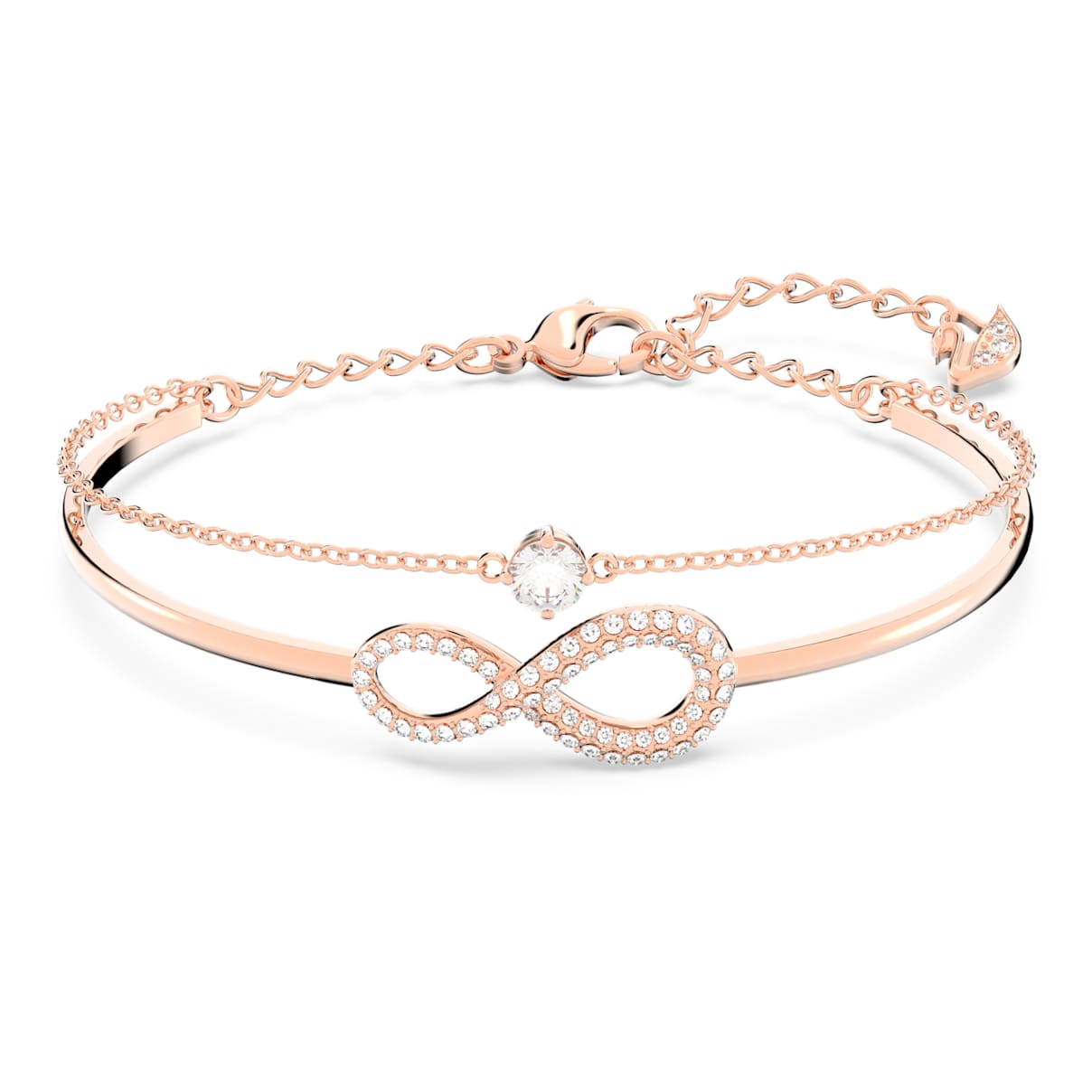 Click to view product details and reviews for Swarovski Infinity Bangle White Rose Gold Tone Plated.