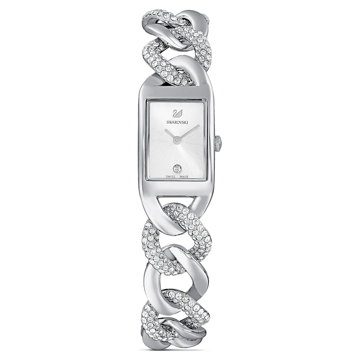 Cocktail watch, Swiss Made, Pavé, Metal bracelet, Silver tone, Stainless steel