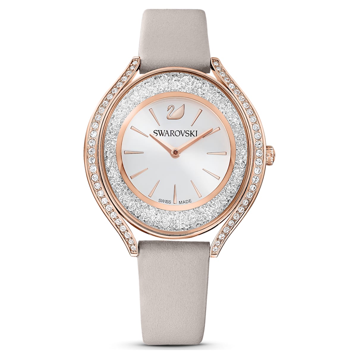 Click to view product details and reviews for Crystalline Aura Watch Leather Strap Grey Rose Gold Tone Pvd.