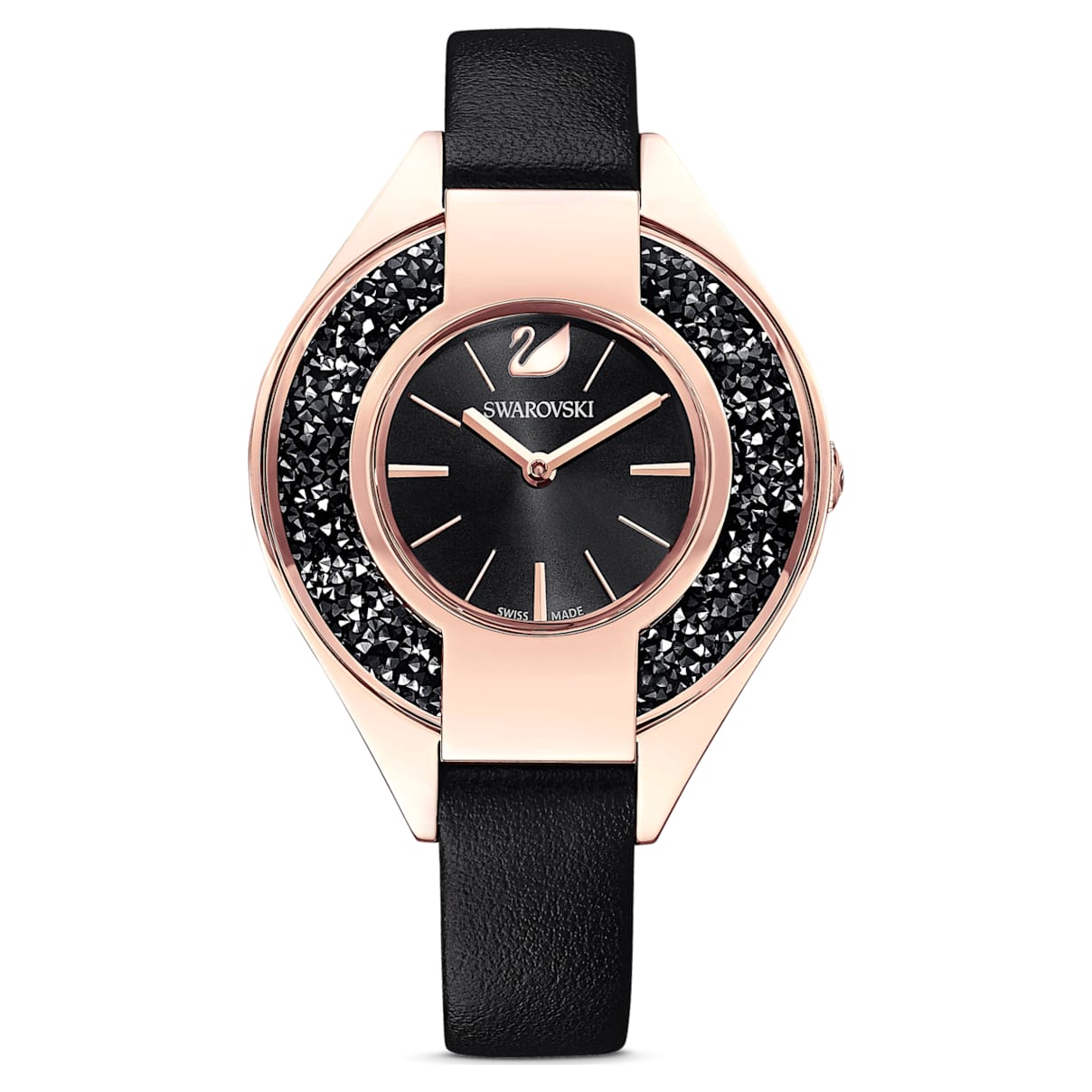 Click to view product details and reviews for Crystalline Sporty Watch Leather Strap Black Rose Gold Tone Pvd.