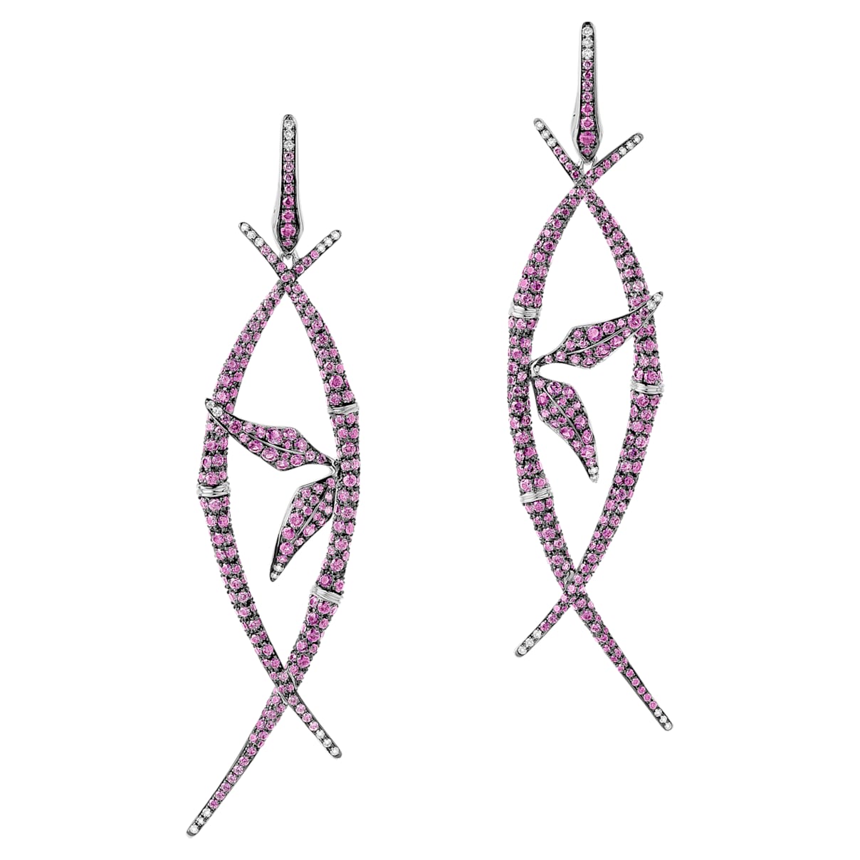 Click to view product details and reviews for Bamboo Shoots Long Drop Earrings Pink Swarovski Created Sapphires 18k White Gold.