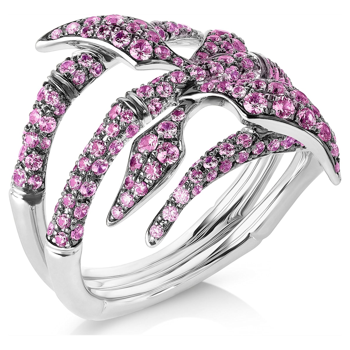 Bamboo Shoots Ring, Pink Swarovski Created Sapphires, 18K White Gold, Size 58