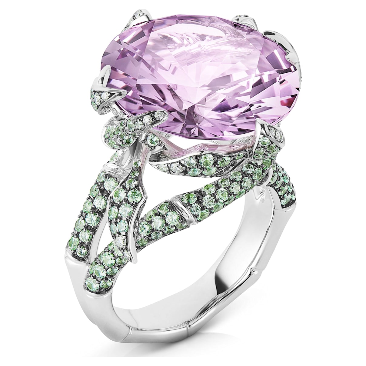 Bamboo Shoots Cocktail Ring, Pink & Green Created Sapphires, 18K White Gold, Size 55