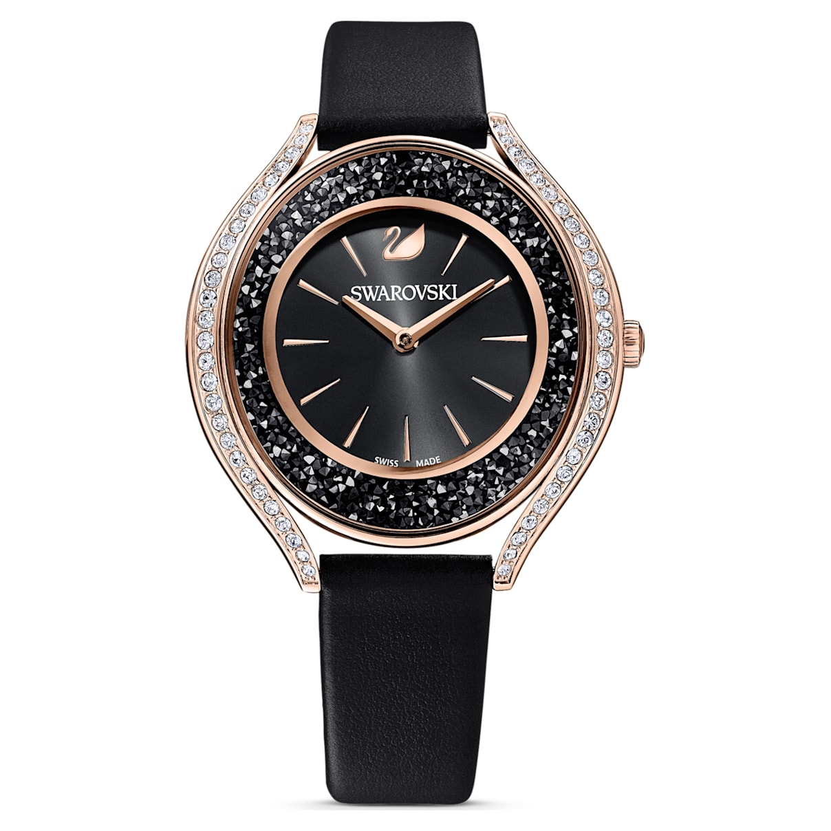 Click to view product details and reviews for Crystalline Aura Watch Leather Strap Black Rose Gold Tone Pvd.