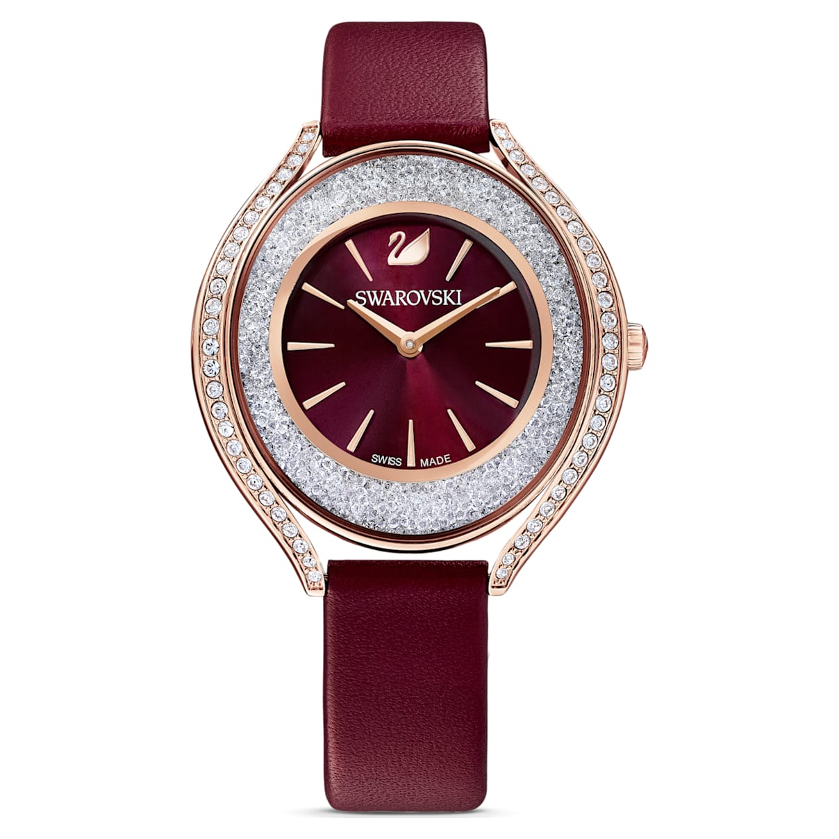 Click to view product details and reviews for Crystalline Aura Watch Leather Strap Red Rose Gold Tone Pvd.