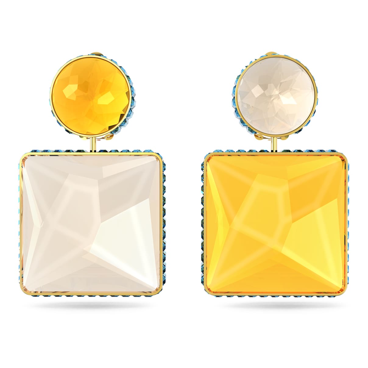 

Chroma clip earrings, Asymmetrical design, Square cut, Multicolored, Gold-tone plated