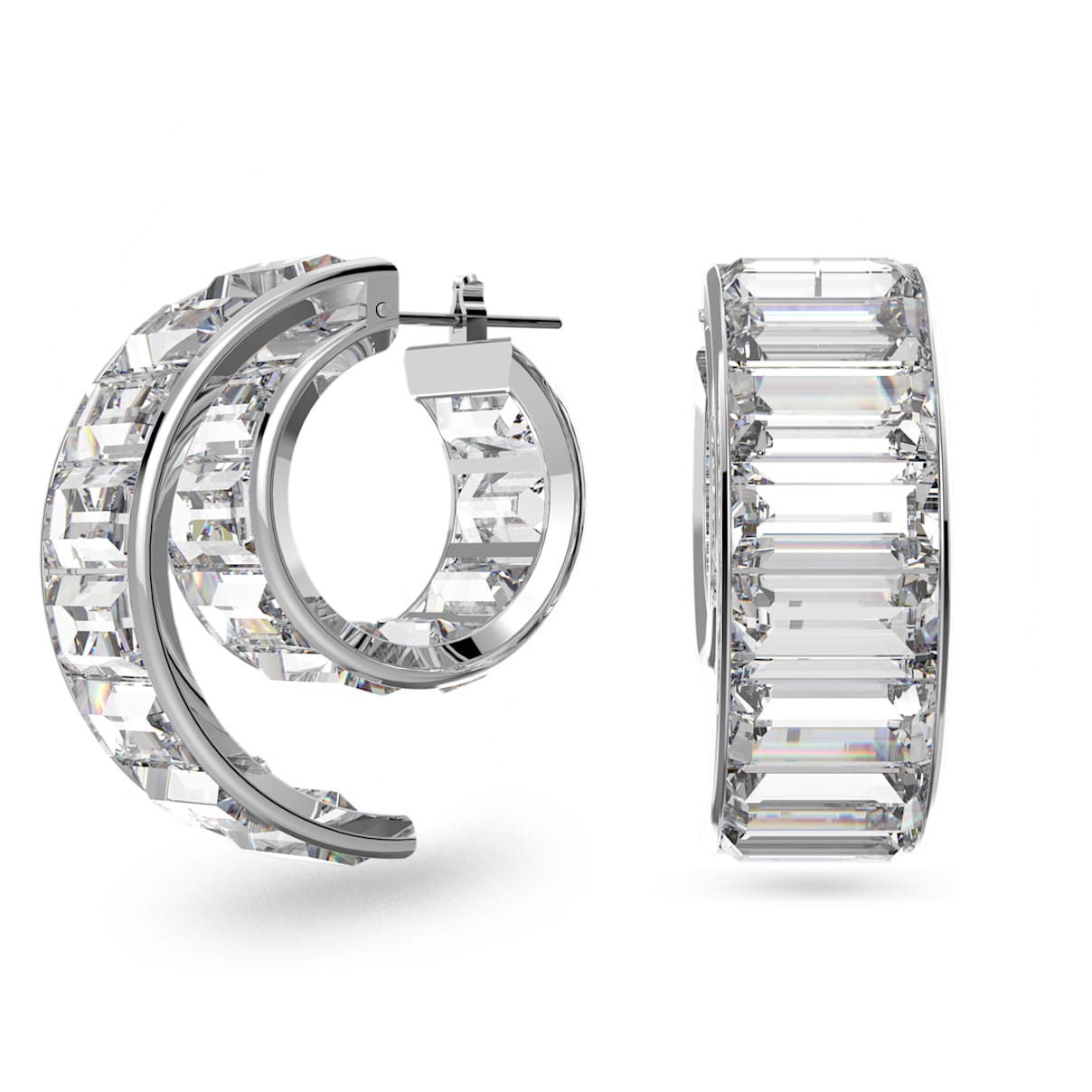 

Swarovski Matrix hoop earrings, Baguette cut, White, Rhodium plated