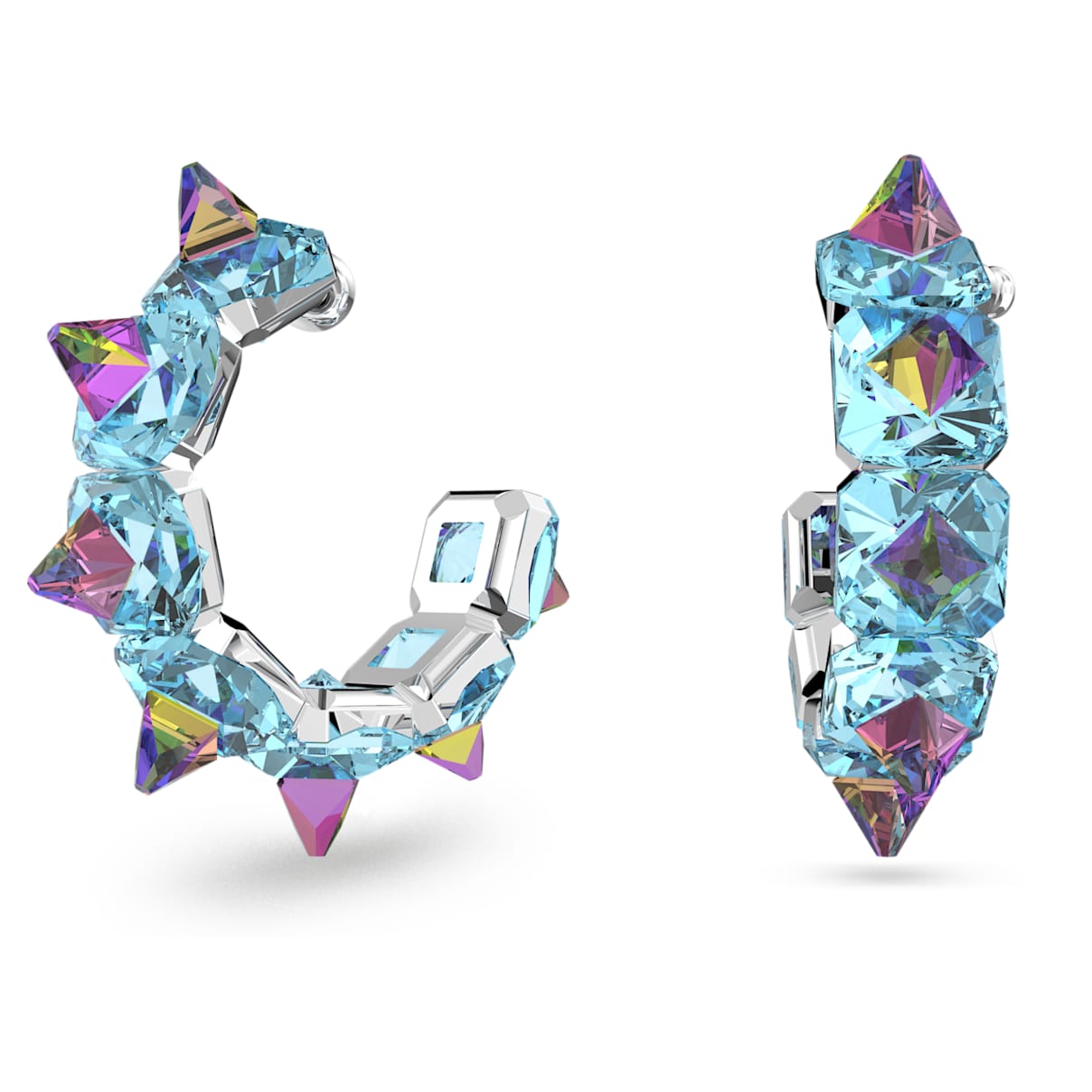 Swarovski Ortyx hoop earrings, Pyramid cut, Blue, Rhodium plated