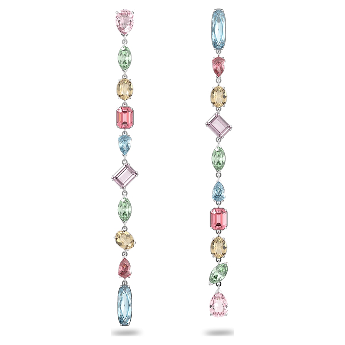 

Swarovski Gema drop earrings, Asymmetrical design, Mixed cuts, Extra long, Multicoloured, Rhodium plated