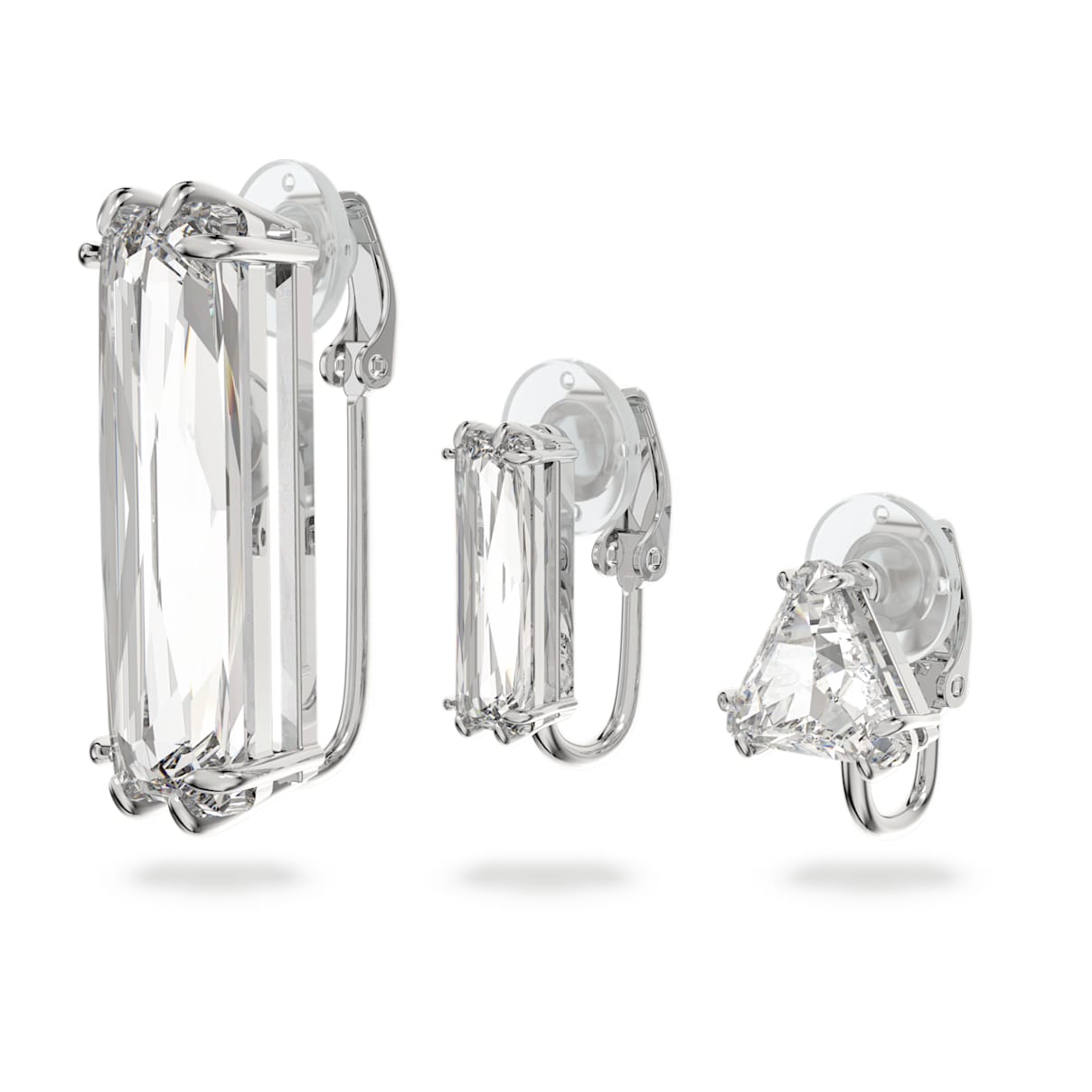 Mesmera clip earring, Set (3), Asymmetrical design, White, Rhodium plated