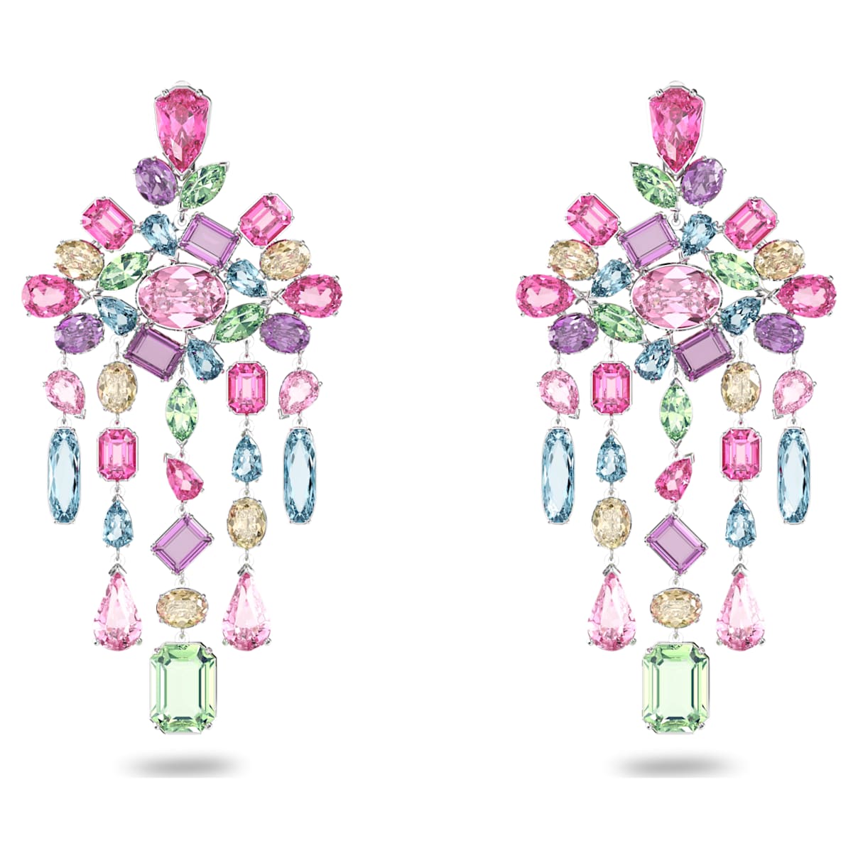 Gema clip earrings, Mixed cuts, Chandelier, Extra long, Multicoloured, Rhodium plated